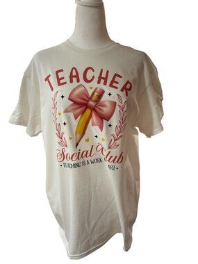 NWT Gildan  Adult  Medium White  Short‎ Sleeve With DTF Teacher Social Club